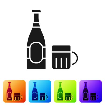 Black Beer bottle and glass icon isolated on white background. Alcohol Drink symbol. Set icons in color square buttons. Vector Illustrationのイラスト素材