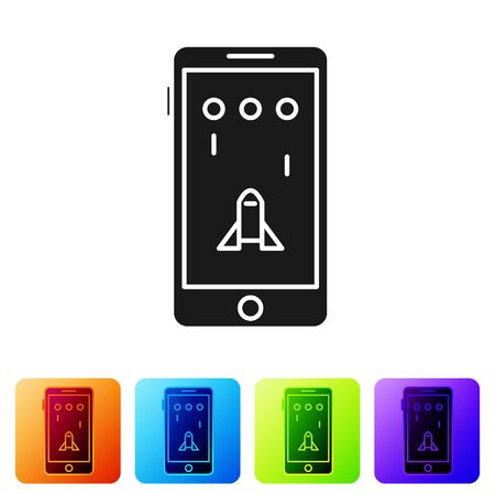 Black Smartphone and playing in game icon isolated on white background. Mobile gaming concept. Set icons in color square buttons. Vector Illustrationのイラスト素材