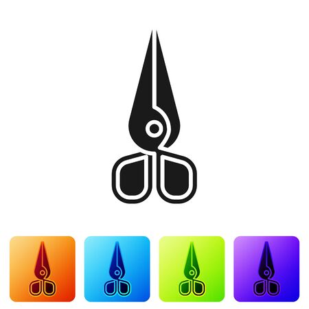 Black Scissors icon isolated on white background. Cutting tool sign. Set icons in color square buttons. Vector Illustrationのイラスト素材