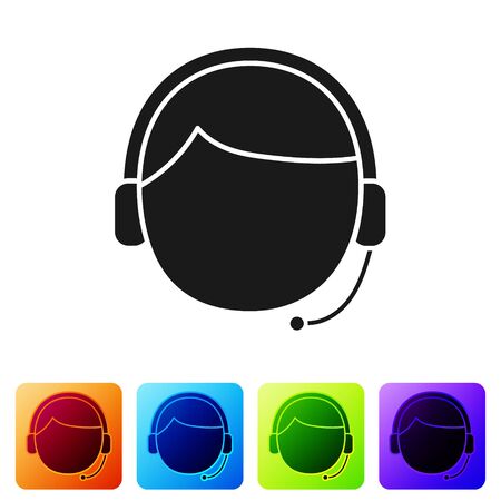 Black Man with a headset icon isolated on white background. Support operator in touch. Concept for call center, client support service. Set icons in color square buttons. Vector Illustrationのイラスト素材