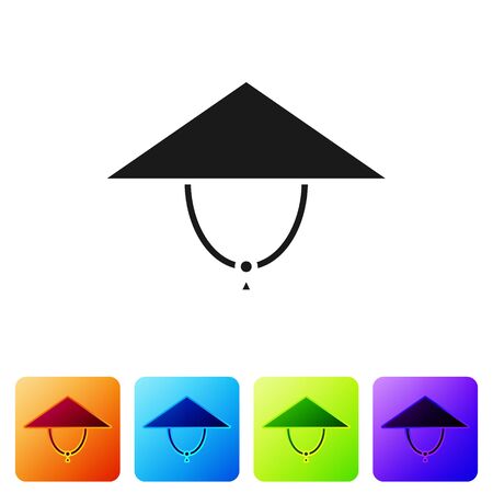Black Asian conical hat icon isolated on white background. Chinese conical straw hat. Set icons in color square buttons. Vector Illustrationのイラスト素材