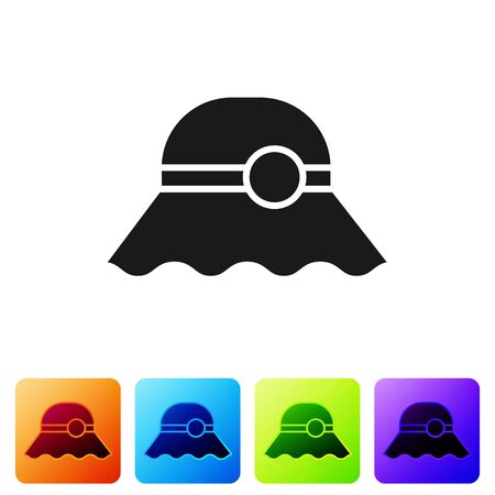 Black Elegant women hat icon isolated on white background. Set icons in color square buttons. Vector Illustrationのイラスト素材