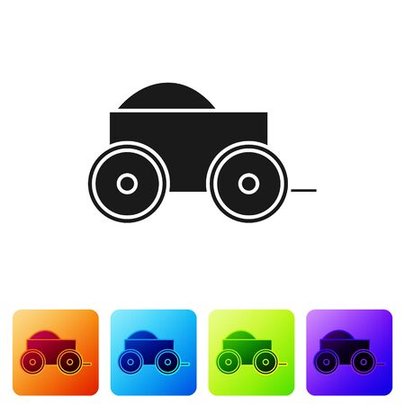 Black Wooden four-wheel cart with hay icon isolated on white background. Set icons in color square buttons. Vector Illustrationのイラスト素材
