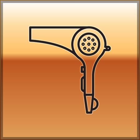 Black line Hair dryer icon isolated on gold background. Hairdryer sign. Hair drying symbol. Blowing hot air. Vector Illustrationのイラスト素材