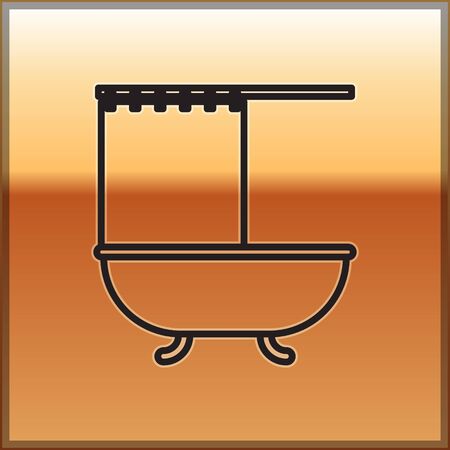 Black line Bathtub with open shower curtain icon isolated on gold background. Vector Illustrationのイラスト素材