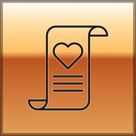 Black line Envelope with Valentine heart icon isolated on gold background. Message love. Letter love and romance. Vector Illustrationのイラスト素材