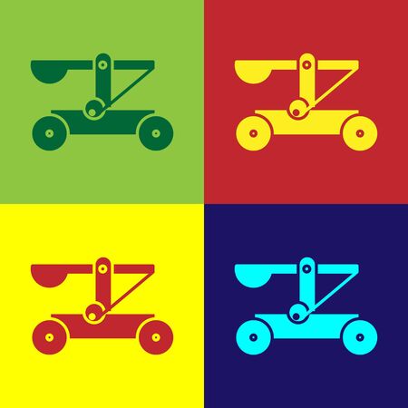 Color Old medieval wooden catapult shooting stones icon isolated on color background. Vector Illustrationのイラスト素材