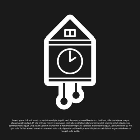 Black Retro wall watch icon isolated on black background. Cuckoo clock sign. Antique pendulum clock. Vector Illustrationのイラスト素材
