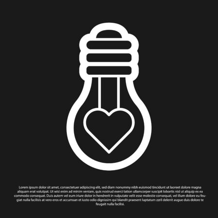 Black Heart shape in a light bulb icon isolated on black background. Love symbol. Valentine day symbol. Vector Illustrationのイラスト素材