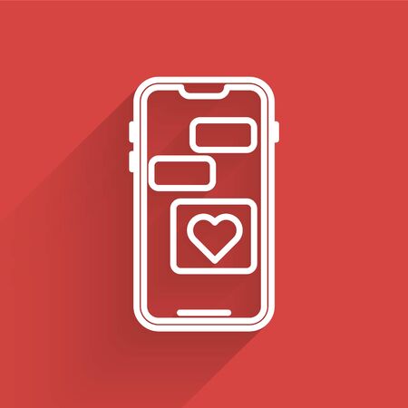 White line Mobile phone with heart icon isolated with long shadow. Valentines day. Vector Illustrationのイラスト素材