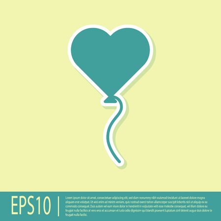 Green Balloons in form of heart with ribbon icon isolated on yellow background. Valentines day symbol. Vector Illustrationのイラスト素材