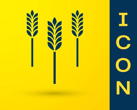 Blue Cereals set with rice, wheat, corn, oats, rye, barley icon isolated on yellow background. Ears of wheat bread symbols. Vector Illustrationのイラスト素材