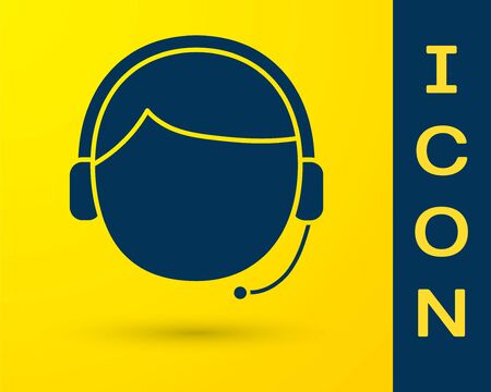 Blue Man with a headset icon isolated on yellow background. Support operator in touch. Concept for call center, client support service. Vector Illustrationのイラスト素材