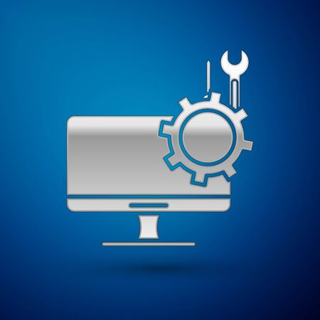 Silver Computer monitor with screwdriver and wrench icon isolated on blue background. Adjusting, service, setting, maintenance, repair. Vector Illustrationのイラスト素材