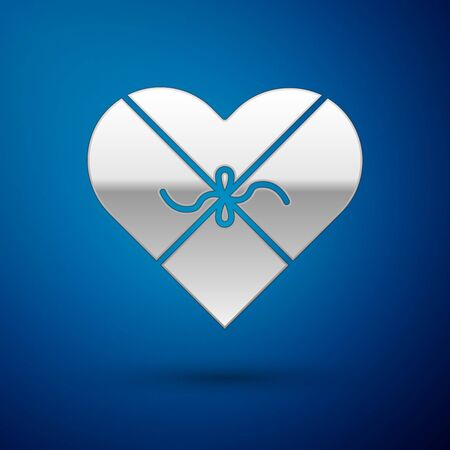 Silver Candy in heart shaped box and bow icon isolated on blue background. Valentines Day. Vector Illustrationのイラスト素材