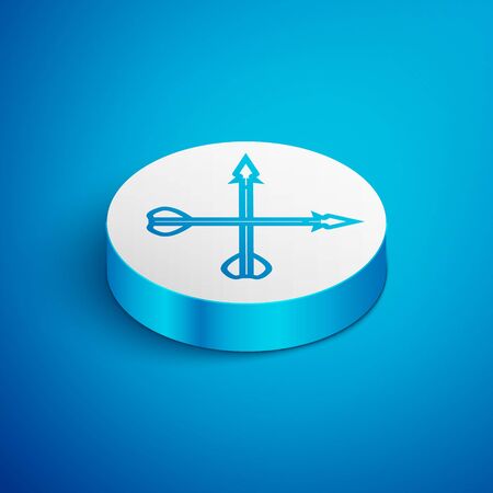 Isometric line Medieval crossed arrows icon isolated on blue background. Medieval weapon. White circle button. Vector Illustrationのイラスト素材