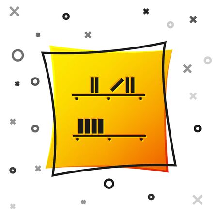 Black Shelf with books icon isolated on white background. Shelves sign. Yellow square button. Vector Illustrationのイラスト素材