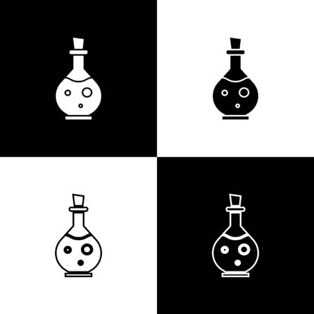 Set Glass bottle with magic elixir icon isolated on black and white background. Computer game asset. Vector Illustrationのイラスト素材