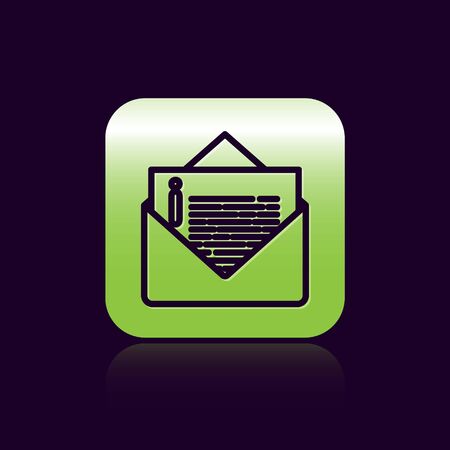 Black line Envelope icon isolated on black background. Email message letter symbol. Green square button. Vector Illustrationのイラスト素材