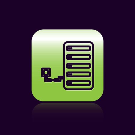 Black line Server icon isolated on black background. Adjusting app, service concept, setting options, maintenance, repair, fixing. Green square button. Vector Illustrationのイラスト素材