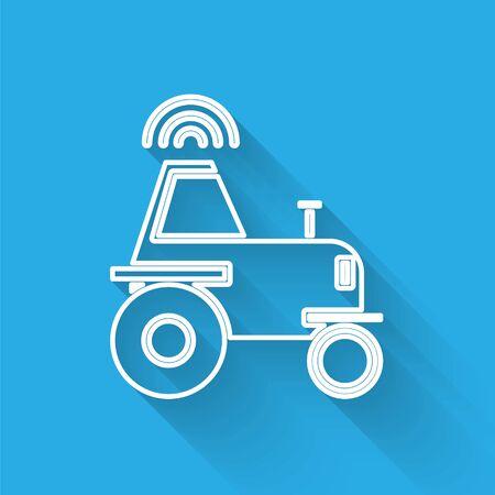White line Self driving wireless tractor on a smart farm icon isolated with long shadow. Smart agriculture implement element. Vector Illustrationのイラスト素材