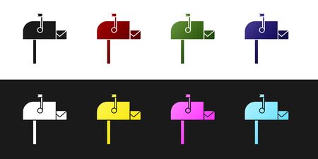 Set Open mail box icon isolated on black and white background. Mailbox icon. Mail postbox on pole with flag. Vector Illustrationのイラスト素材
