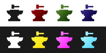 Set Anvil for blacksmithing and hammer icon isolated on black and white background. Metal forging. Forge tool. Vector Illustrationのイラスト素材