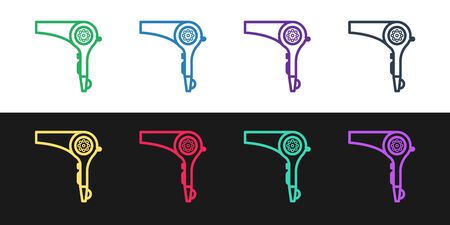 Set line Hair dryer icon isolated on black and white background. Hairdryer sign. Hair drying symbol. Blowing hot air.  Vector Illustrationのイラスト素材