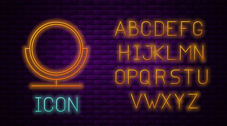 Glowing neon line Round makeup mirror icon isolated on brick wall background. Neon light alphabet. Vector Illustrationのイラスト素材