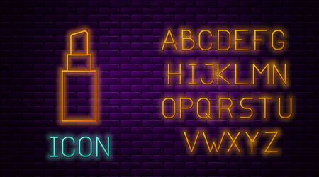 Glowing neon line Lipstick icon isolated on brick wall background. Neon light alphabet. Vector Illustrationのイラスト素材