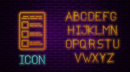 Glowing neon line Create account screen on mobile phone icon isolated on brick wall background. Neon light alphabet. Vector Illustrationのイラスト素材