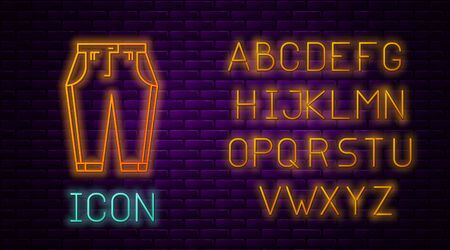 Glowing neon line Pants icon isolated on brick wall background. Neon light alphabet. Vector Illustrationのイラスト素材