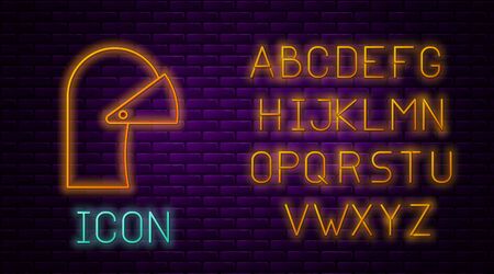 Glowing neon line Medieval iron helmet for head protection icon isolated on brick wall background. Neon light alphabet. Vector Illustrationのイラスト素材