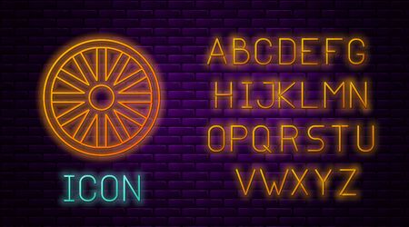 Glowing neon line Old wooden wheel icon isolated on brick wall background. Neon light alphabet. Vector Illustrationのイラスト素材