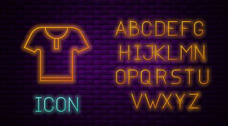 Glowing neon line Body armor icon isolated on brick wall background. Neon light alphabet. Vector Illustrationのイラスト素材