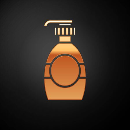 Gold Bottle of liquid antibacterial soap with dispenser icon isolated on black background. Disinfection, hygiene, skin care concept.  Vector Illustrationのイラスト素材