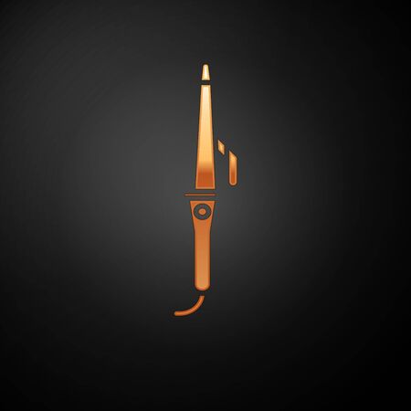 Gold Curling iron for hair icon isolated on black background. Hair straightener icon. Vector Illustrationのイラスト素材