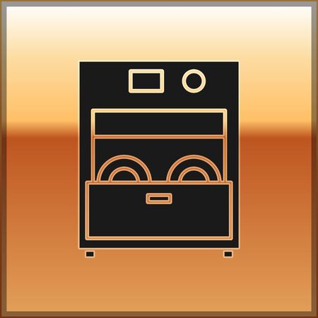 Black Kitchen dishwasher machine icon isolated on gold background. Vector Illustrationのイラスト素材