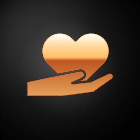 Gold Heart on hand icon isolated on black background. Hand giving love symbol. Valentines day symbol. Vector Illustrationのイラスト素材