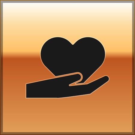 Black Heart on hand icon isolated on gold background. Hand giving love symbol. Valentines day symbol. Vector Illustrationのイラスト素材