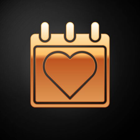 Gold Calendar with heart icon isolated on black background. Valentines day. Love symbol. February 14. Vector Illustrationのイラスト素材