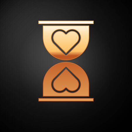 Gold Heart in the center old hourglass icon isolated on black background. Valentines day. Vector Illustrationのイラスト素材