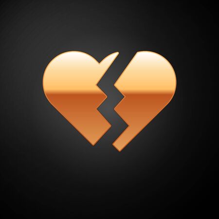 Gold Broken heart or divorce icon isolated on black background. Love symbol. Valentines day. Vector Illustrationのイラスト素材