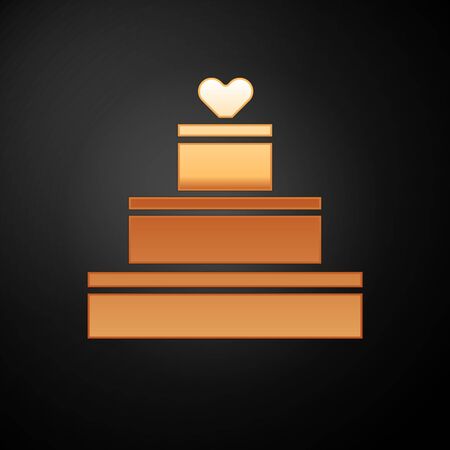 Gold Wedding cake with heart icon isolated on black background. Valentines day symbol. Vector Illustrationのイラスト素材
