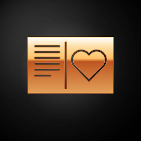 Gold Valentines day flyer with heart icon isolated on black background. Celebration poster template for invitation or greeting card. Vector Illustrationのイラスト素材