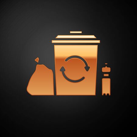 Gold Recycle bin with recycle symbol icon isolated on black background. Trash can icon. Garbage bin sign. Recycle basket. Vector Illustrationのイラスト素材
