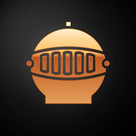 Gold Medieval iron helmet for head protection icon isolated on black background. Vector Illustrationのイラスト素材