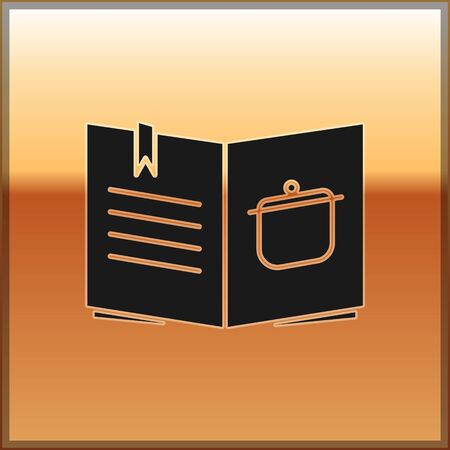 Black Cookbook icon isolated on gold background. Cooking book icon. Recipe book. Fork and knife icons. Cutlery symbol. Vector Illustrationのイラスト素材