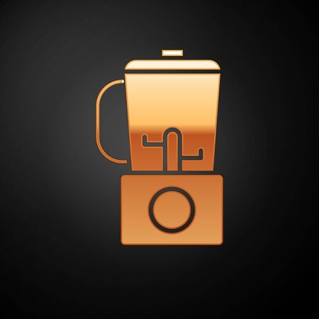 Gold Blender icon isolated on black background. Kitchen electric stationary blender with bowl. Cooking smoothies, cocktail or juice. Vector Illustrationのイラスト素材