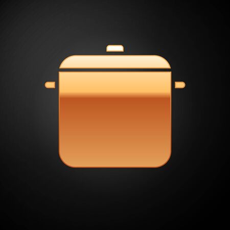 Gold Cooking pot icon isolated on black background. Boil or stew food symbol. Vector Illustrationのイラスト素材